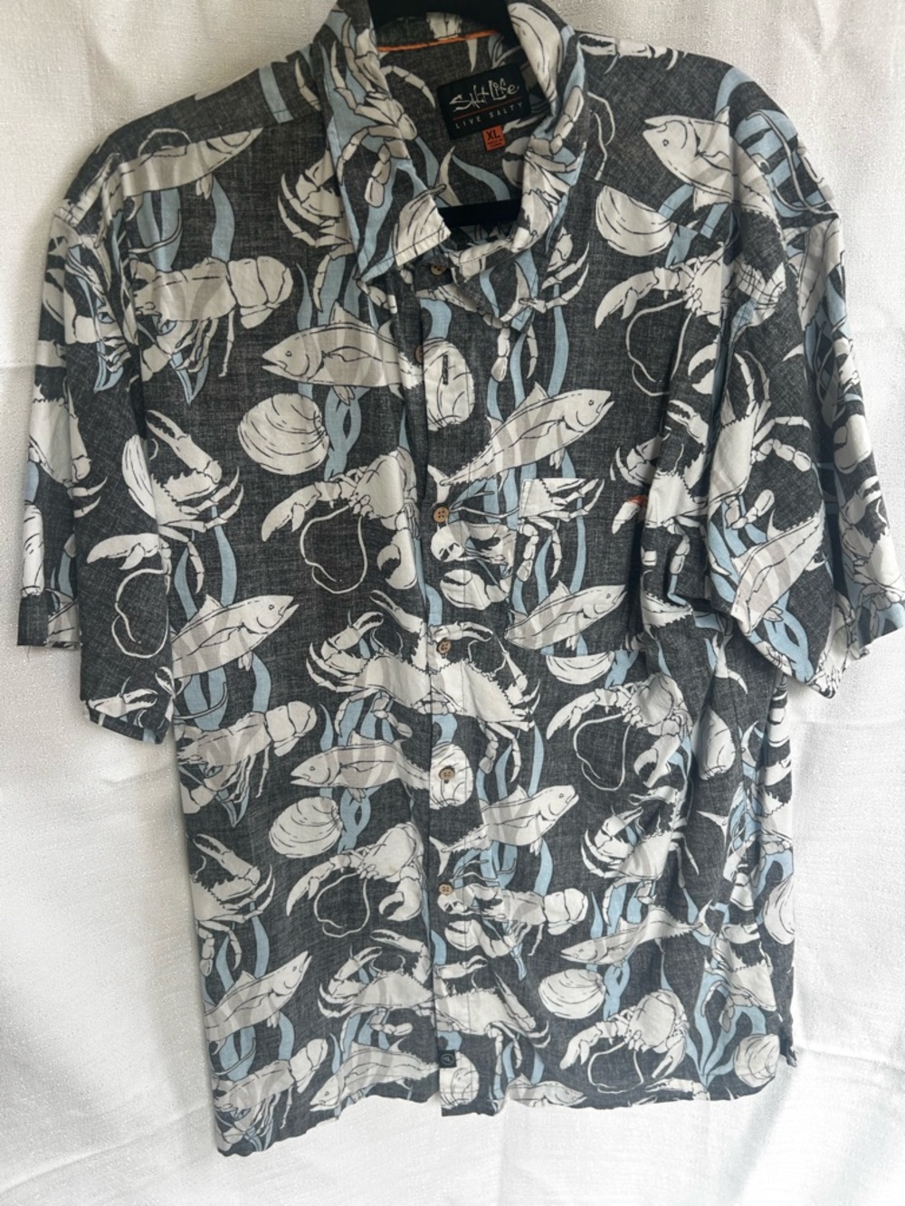 Salt Life Dark Gray Coastal fish and crab Button-Down Shirt iconic beach fishing